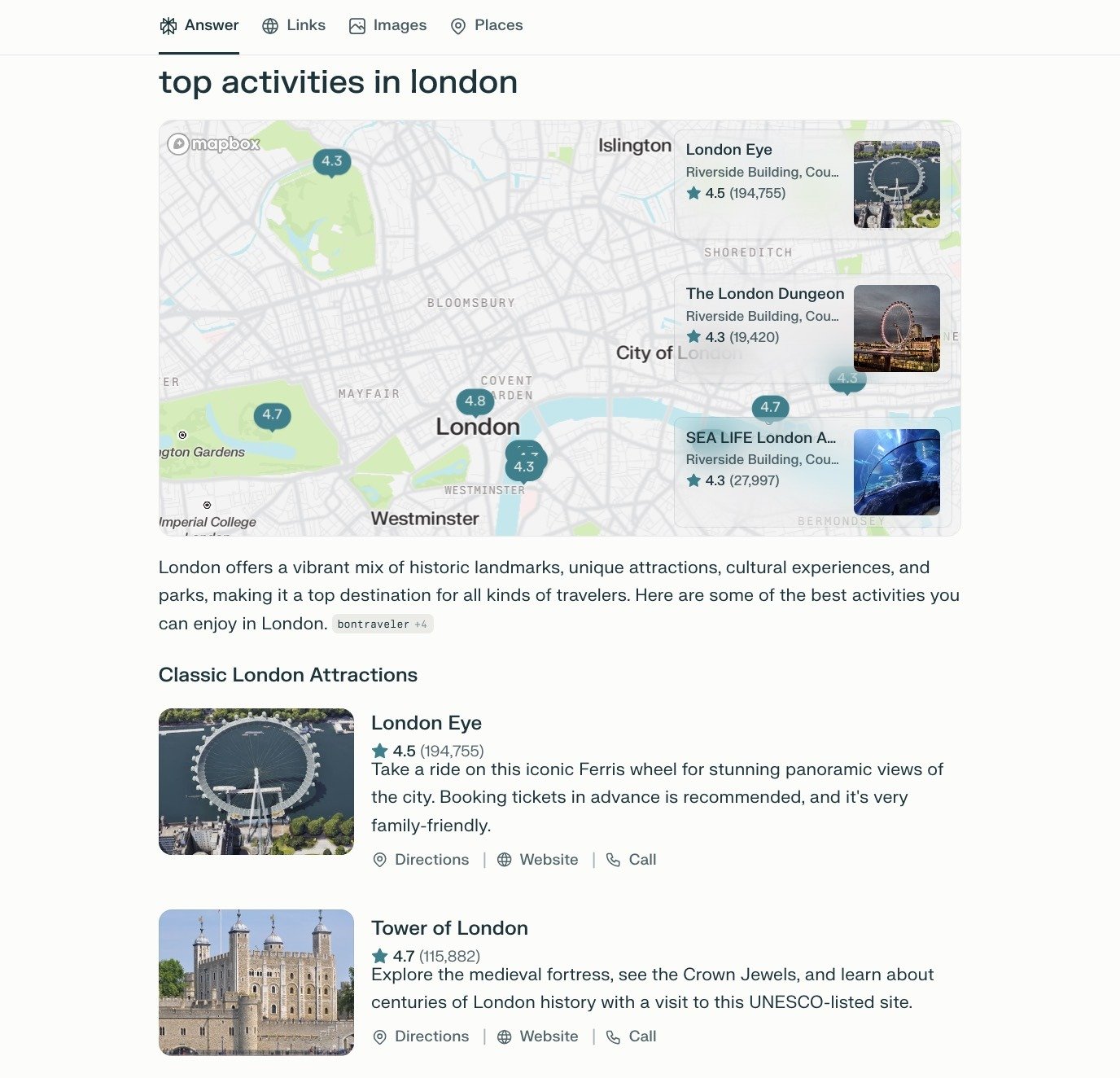 Perplexity results for the prompt "top activities in London."