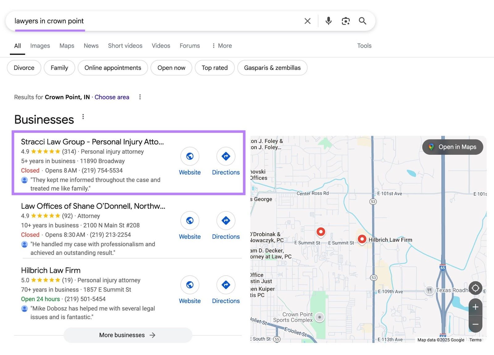 Google SERP with "lawyers in crown point" entered and the result appearing in the first position of the map pack highlighted.