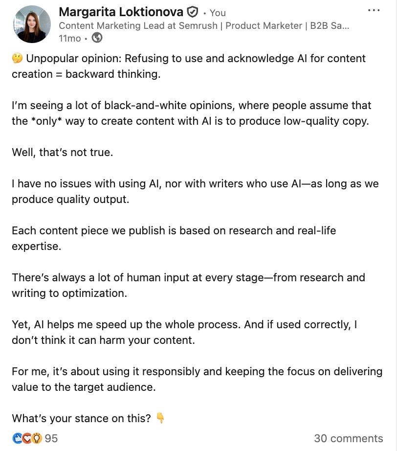 Thought leadership content example from Margarita Loktionova