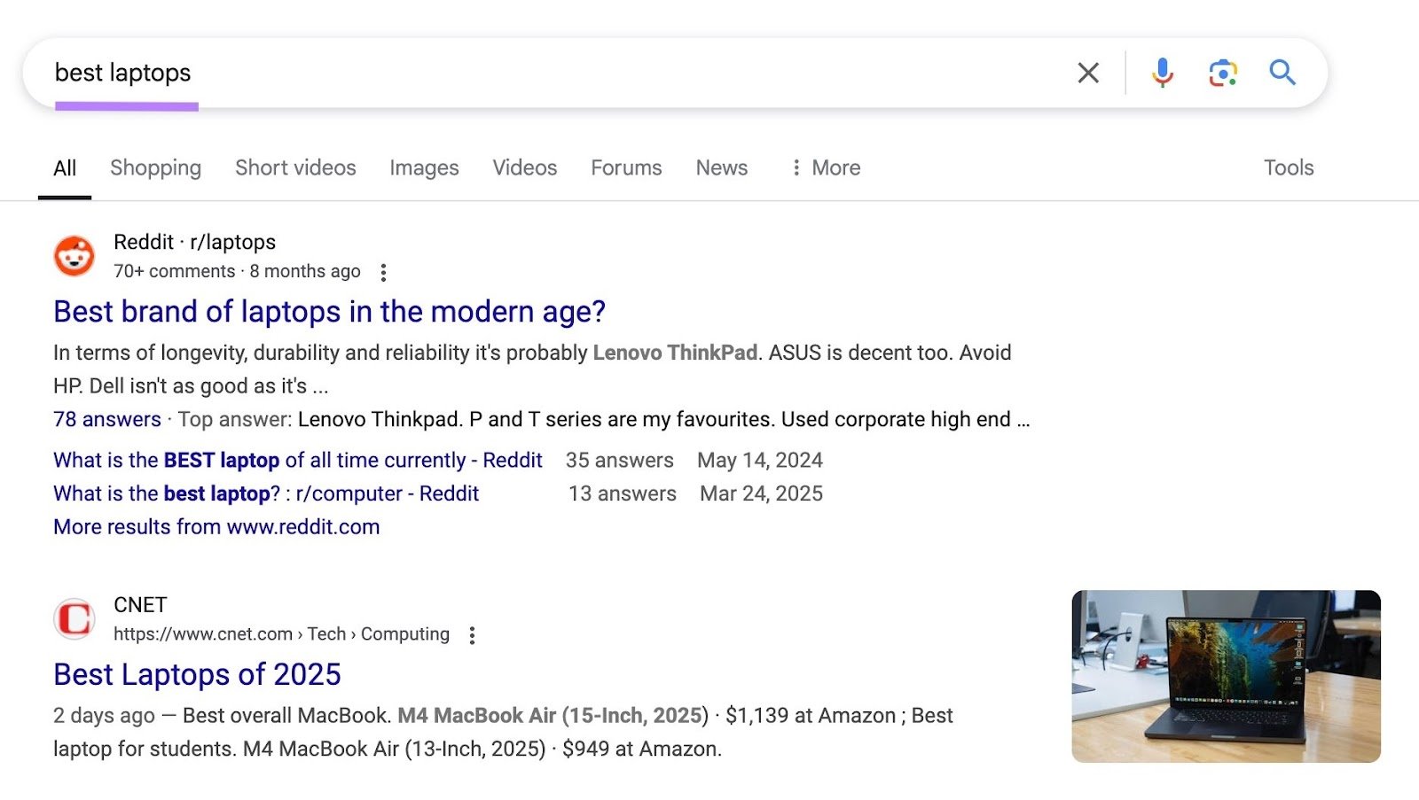 Google SERP for the commercial keyword, "best laptops," with third-party websites dominating the top organic results.
