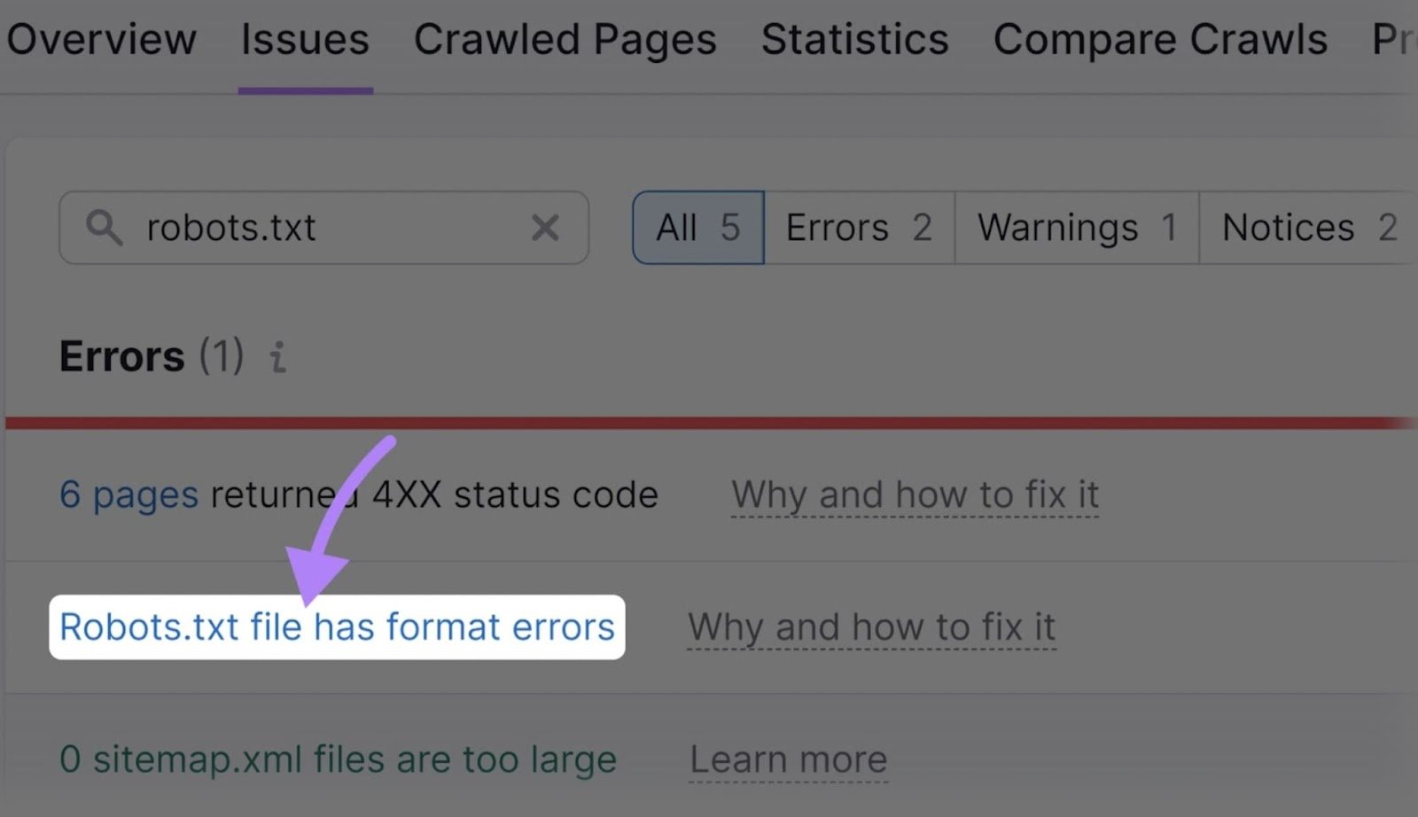"Robots.txt file has format errors" issue in Site Audit tool