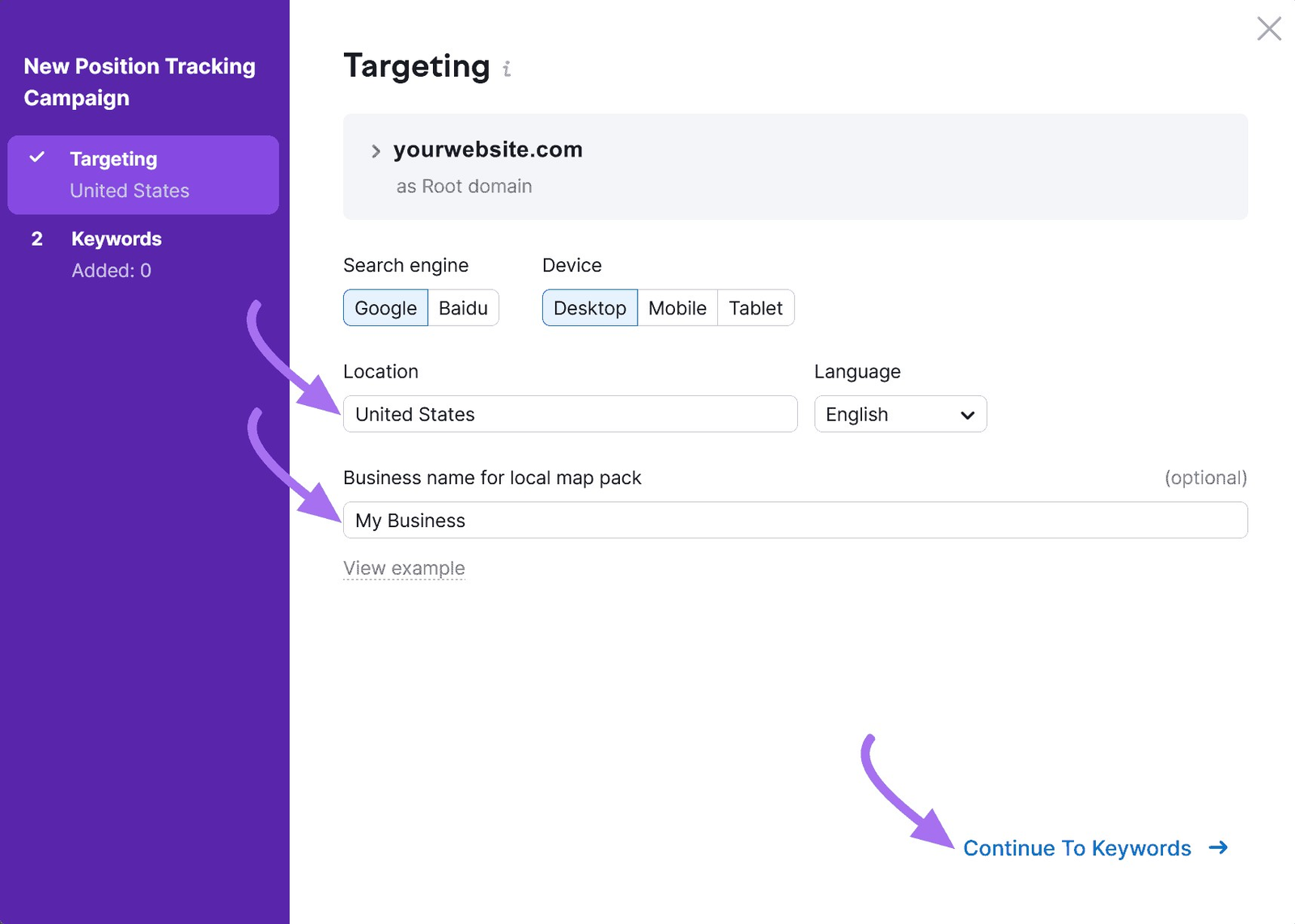 "Targeting" window in Position Tracking Settings