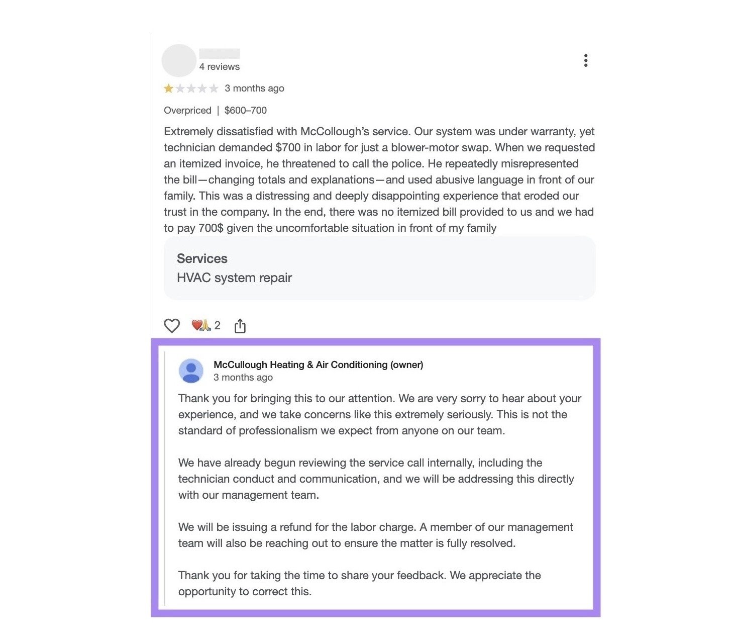 A professional response to a negative Google review.