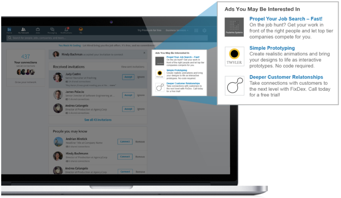 LinkedIn text ads with 3 magnified including job search, prototyping, and customer relationship ads