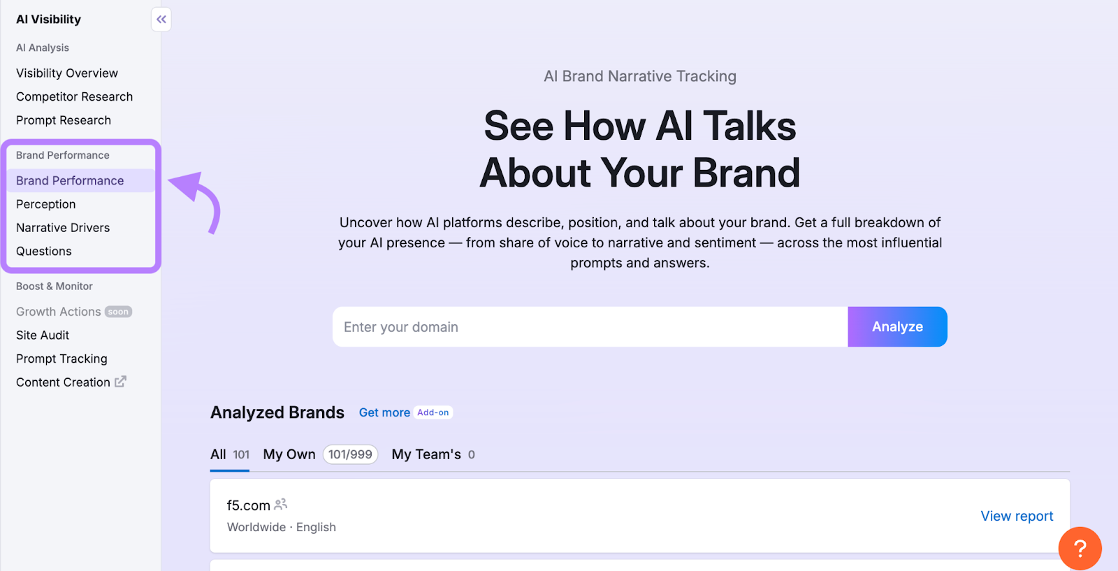 Semrush AI visibility toolkit menu