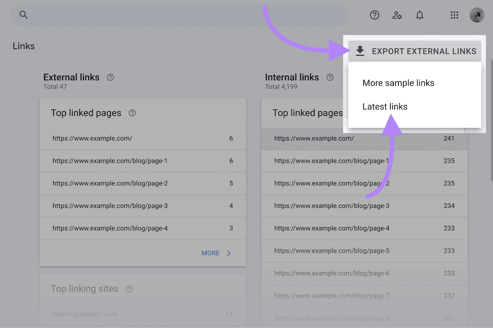 Export internal links button within Google Search Console's Links report