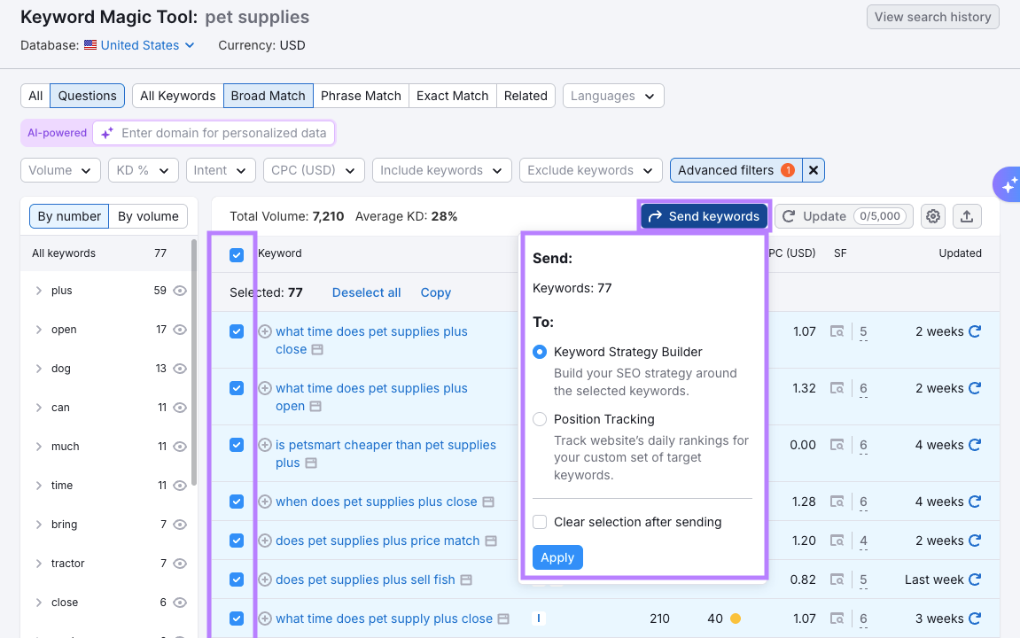 Sending words to Keyword Strategy Builder