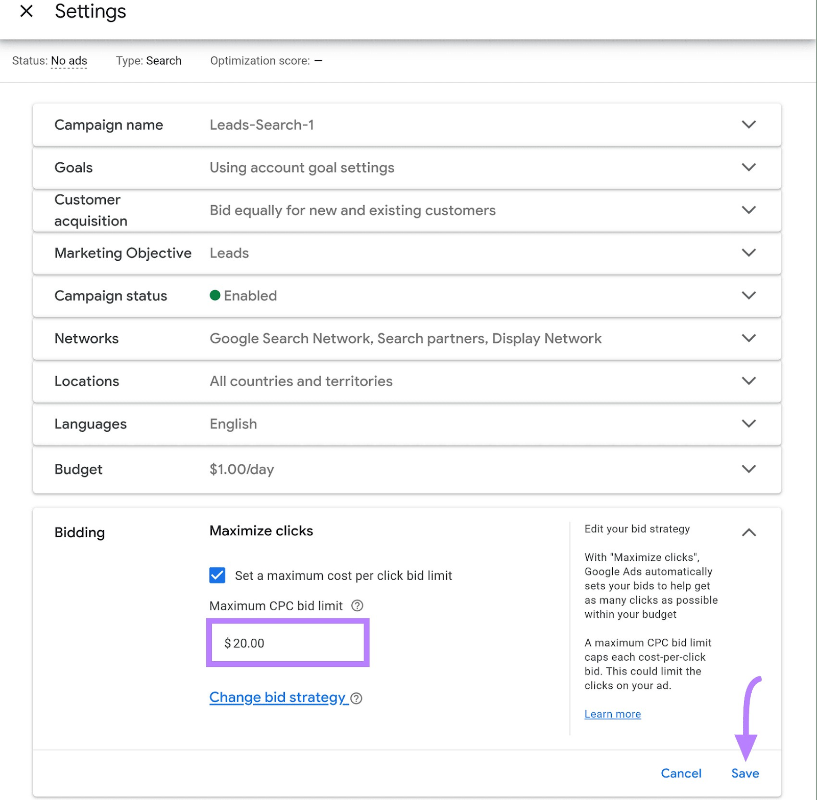 Changing the max CPC bid limit for an ongoing campaign
