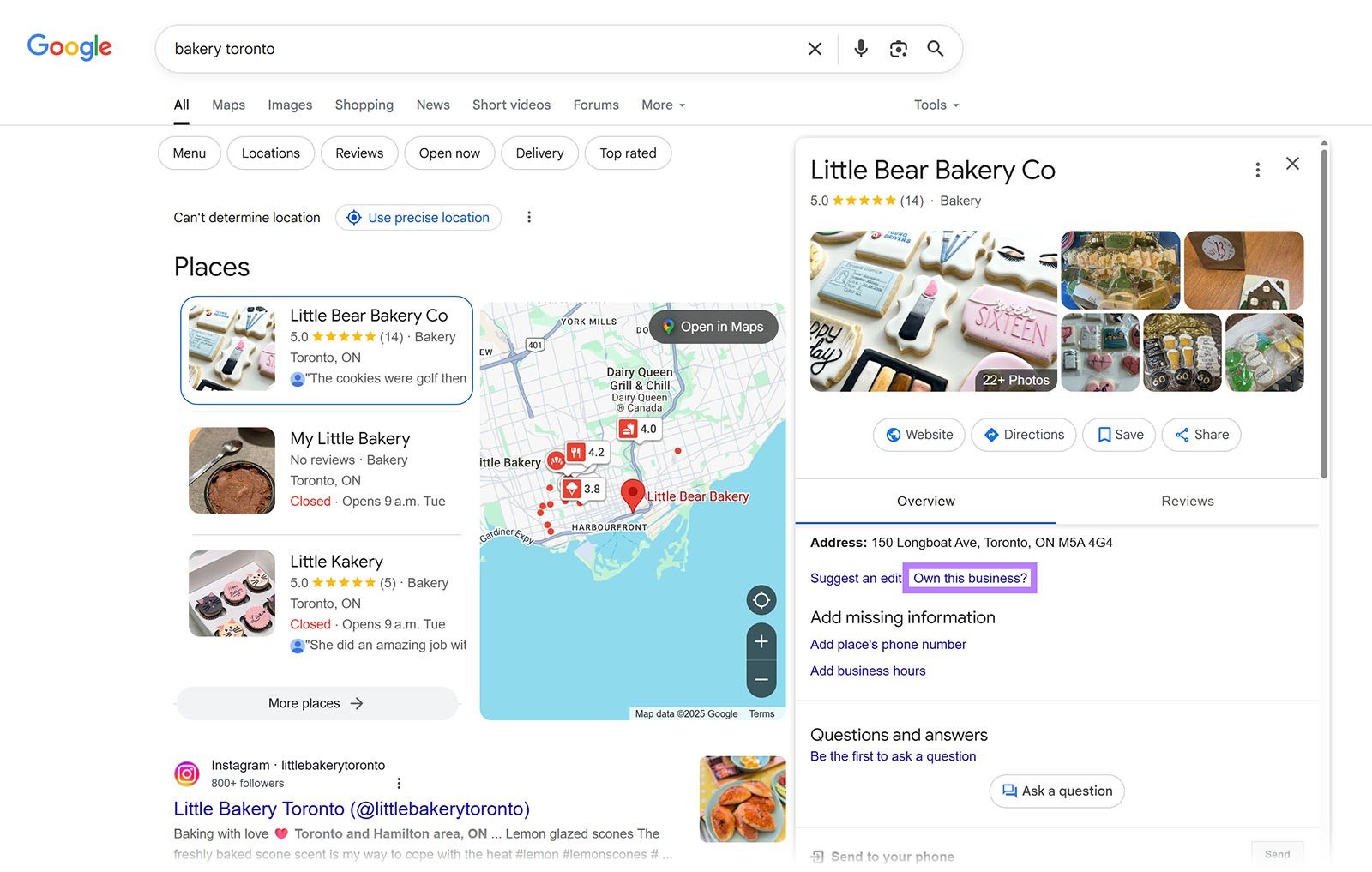 Google business profile for Little Bear Bakery with “Own this business?” link highlighted.
