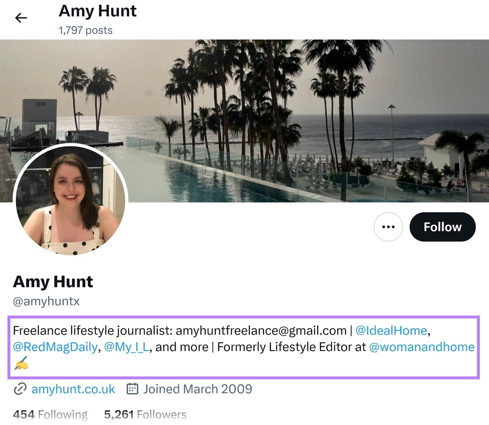 An expert's X (Twitter) profile with a highlighted freelance journalist bio and affiliations, all within a purple box.