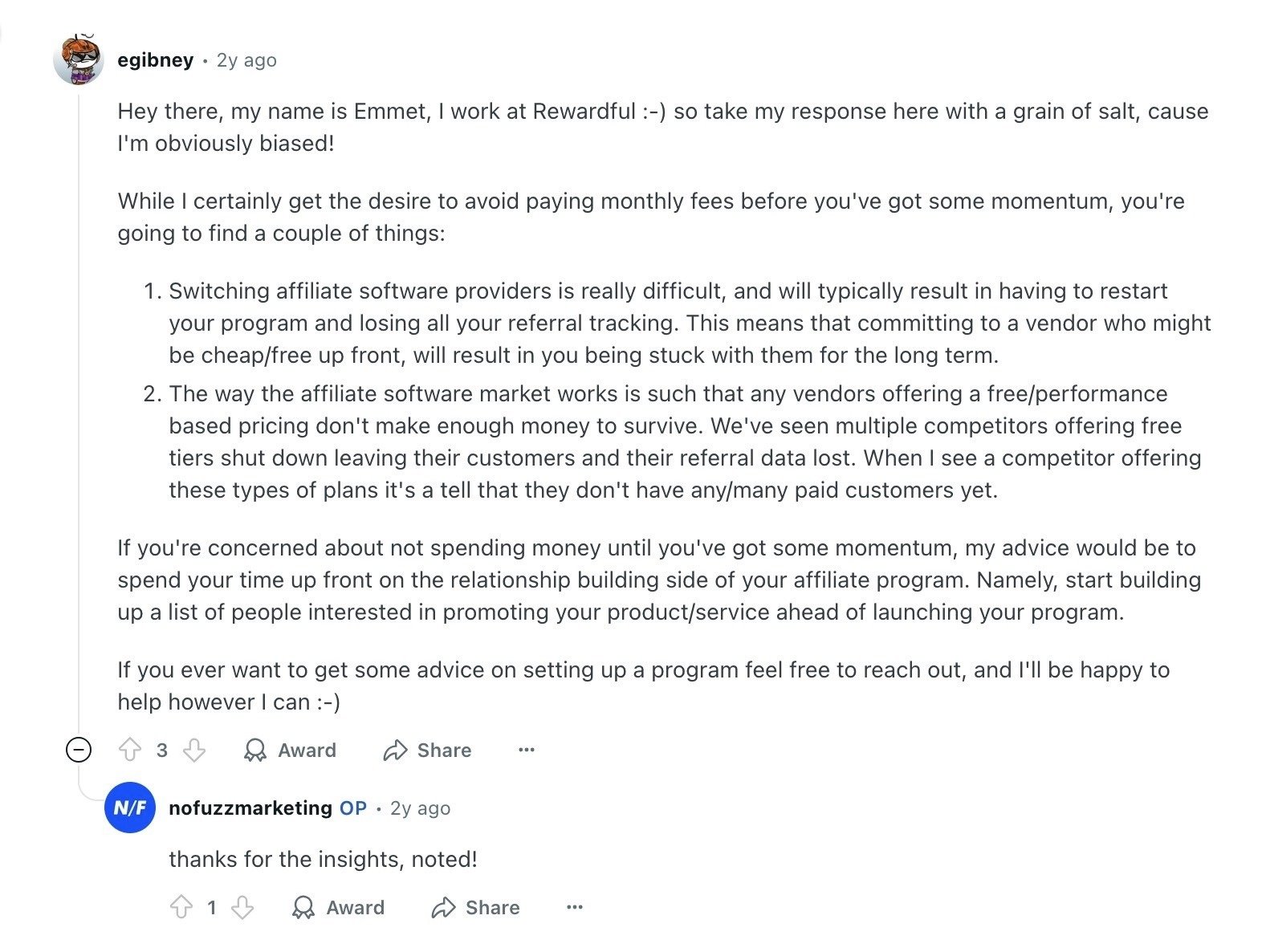 The CEO of Rewardful responding with helpful insights to another user's post in the Affiliate marketing subreddit.
