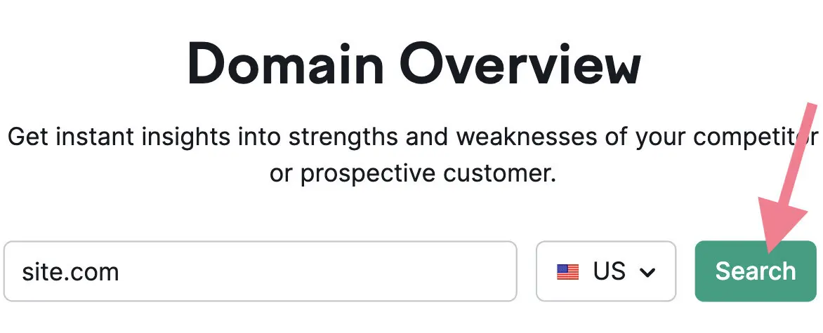 Domain Overview tool with site.com entered, US selected, and Search button highlighted.