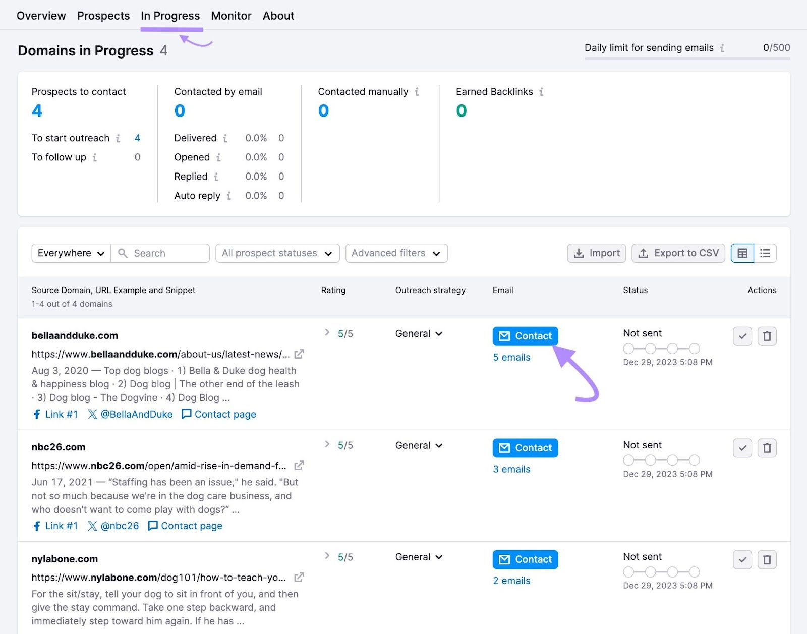 "In Progress" tab in Link Building Tool