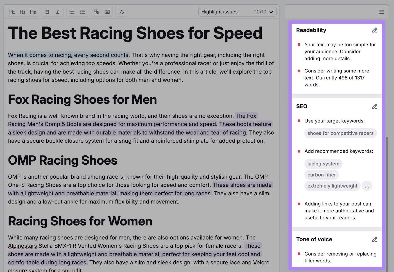Content recommendations categorized by readability, SEO, tone, etc. on the Semrush Writing Assistant.