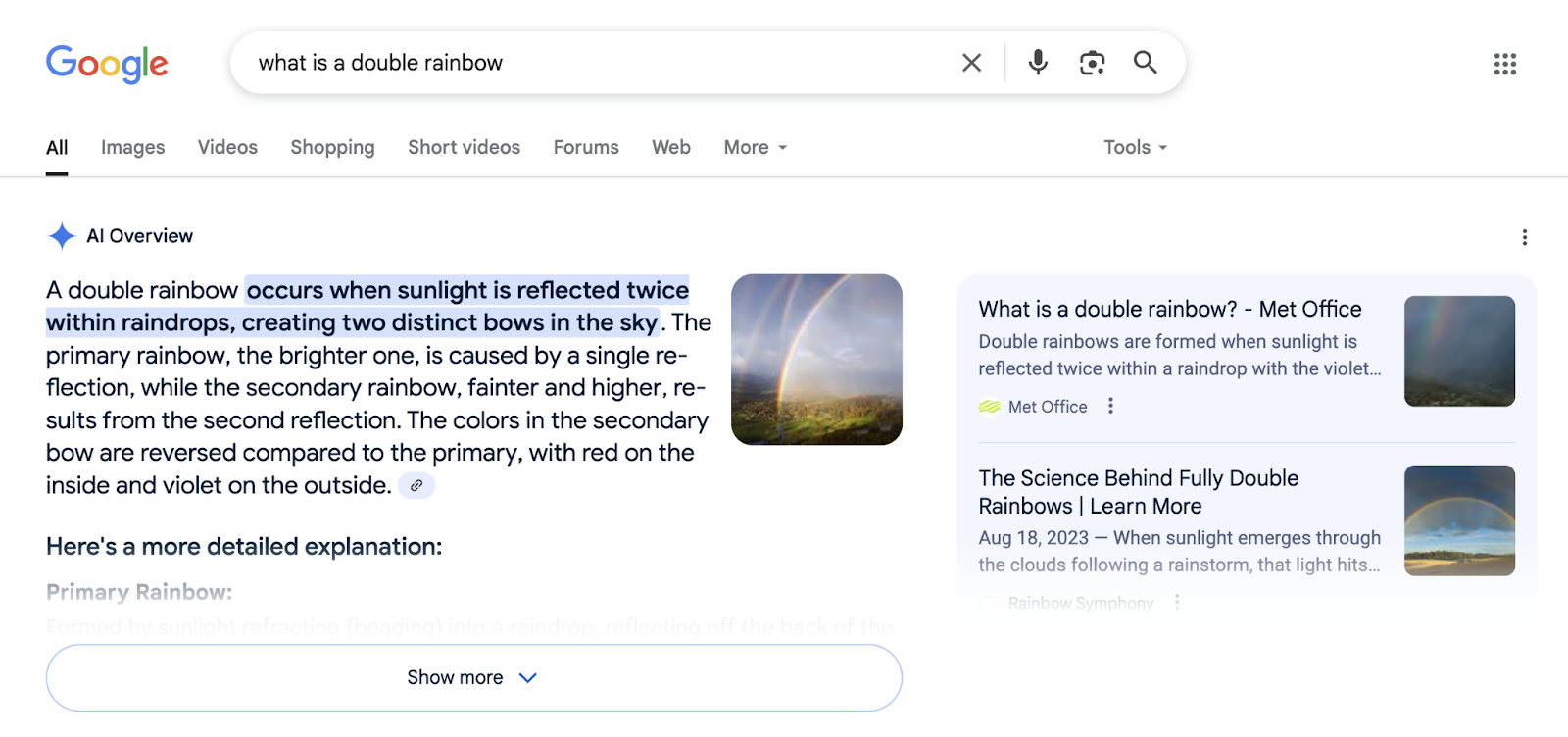 AI Overview for a question query shows an image in the result which links to the article it came from.