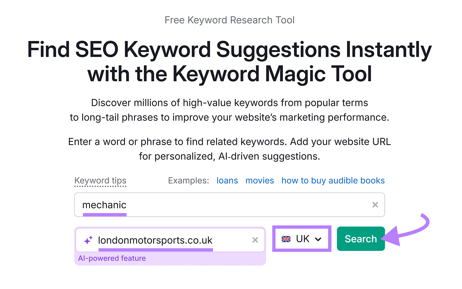 Keyword Magic Tool interface with “mechanic” keyword, UK selected, and search button highlighted.