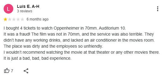 Negative reviews affecting a movie theater’s SEO