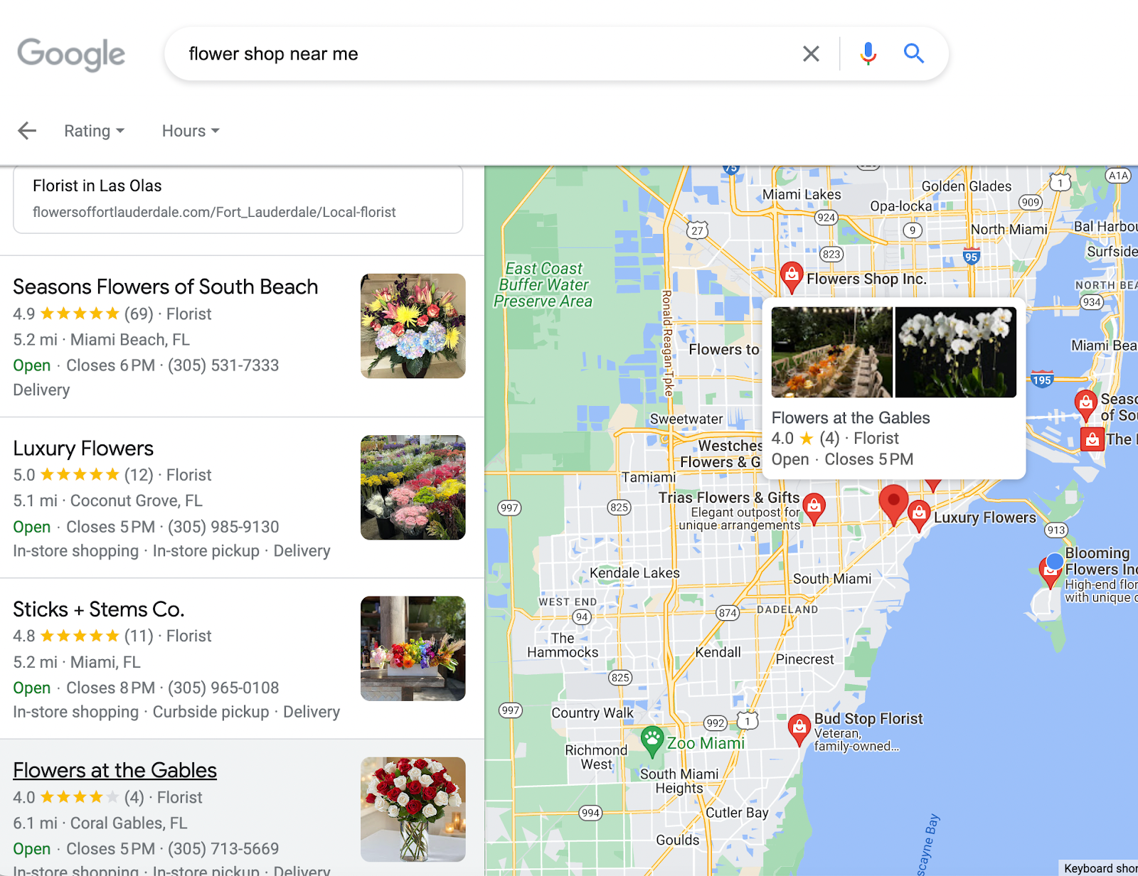 Upon clicking “more places” in the Local Pack, Local Finder highlighted a series of different flower shops near Key Biscayne that were open.