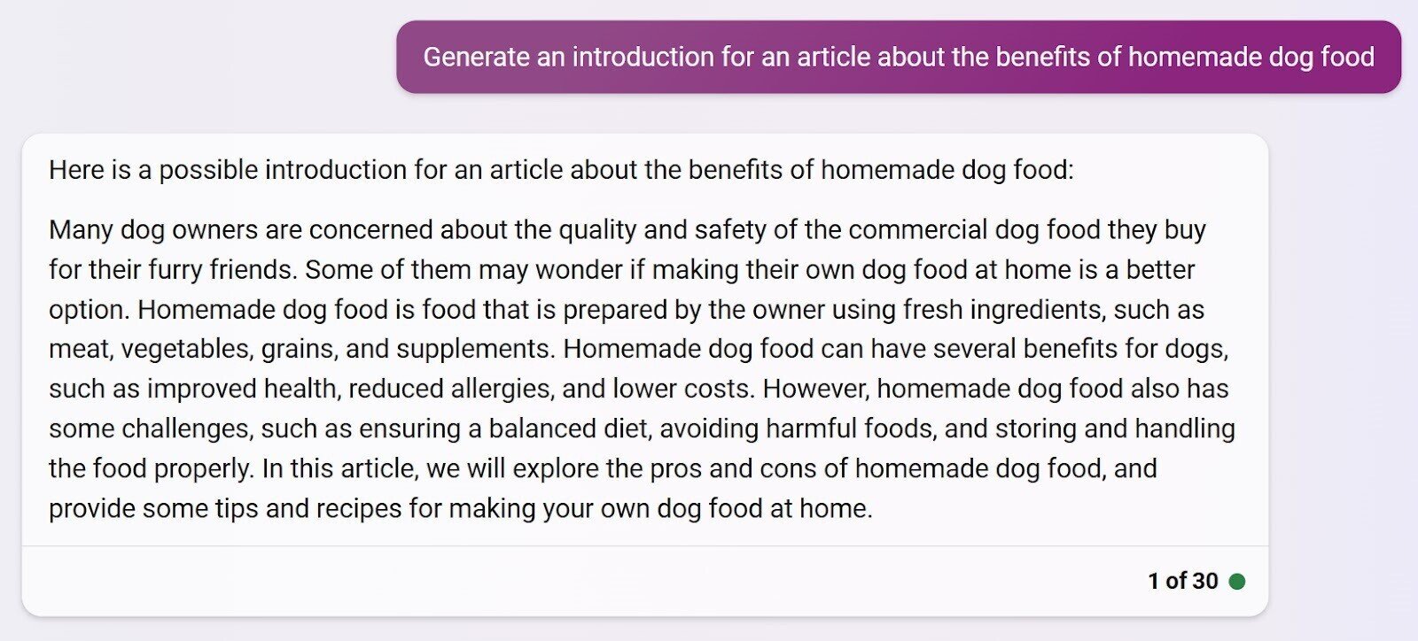 “Generate an introduction for an article about the benefits of homemade dog food” query in Bing