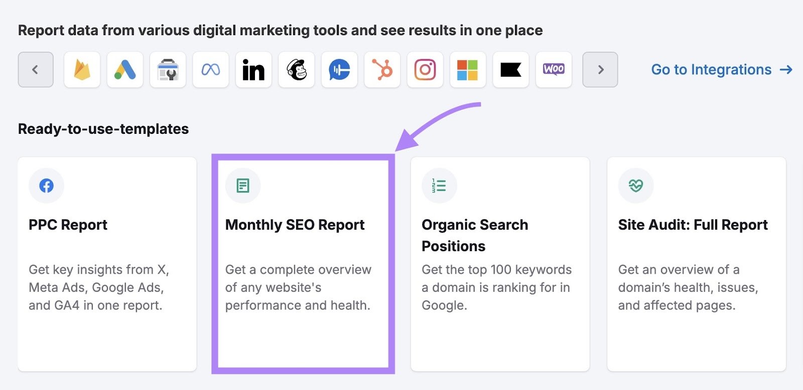 Semrush's My Reports home with the "Monthly SEO Report" under ready-to-use templates selected.
