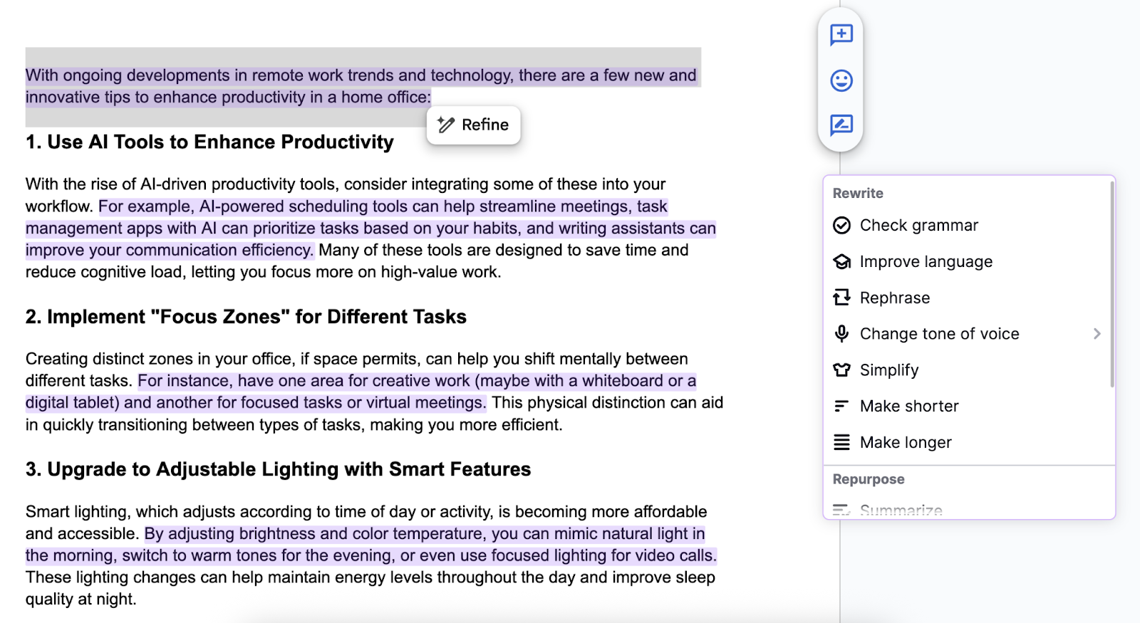Highlighted text in a Google Doc shows options to check grammar, improve language, change tone of voice, and more editing tools.