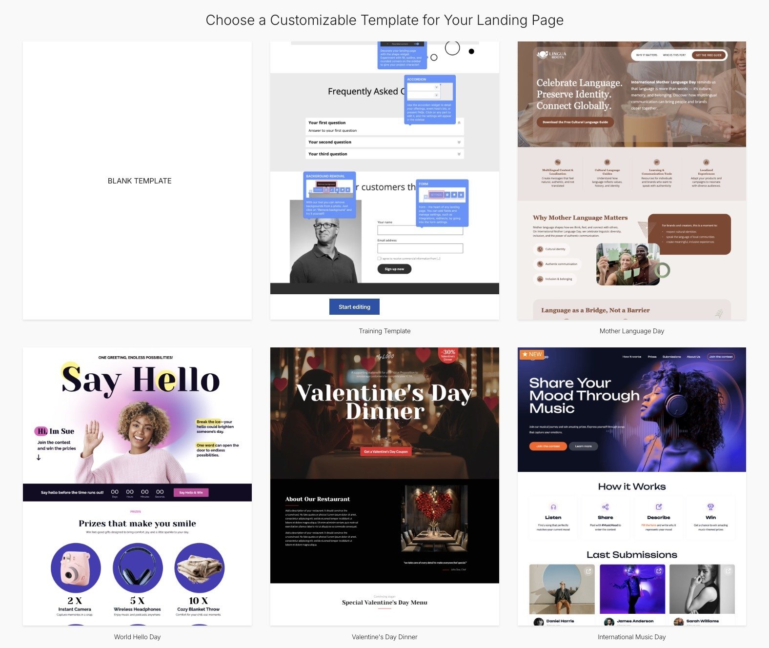 Customizable template options on Semrush's Landing Page Builder.