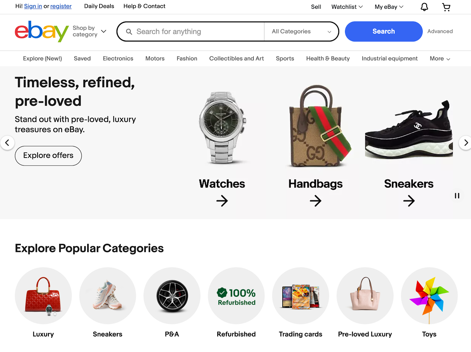 Ebay's home page shows items and categories to help begin your search