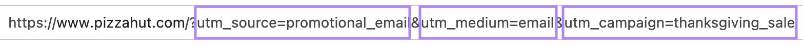 UTM code on a URL with the three distinct parameters highlighted: source, medium, and campaign