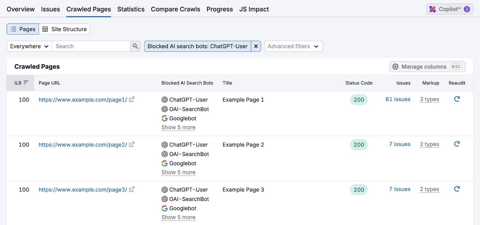 Crawled Pages on Site Audit showing a list of pages that are blocking AI crawlers.