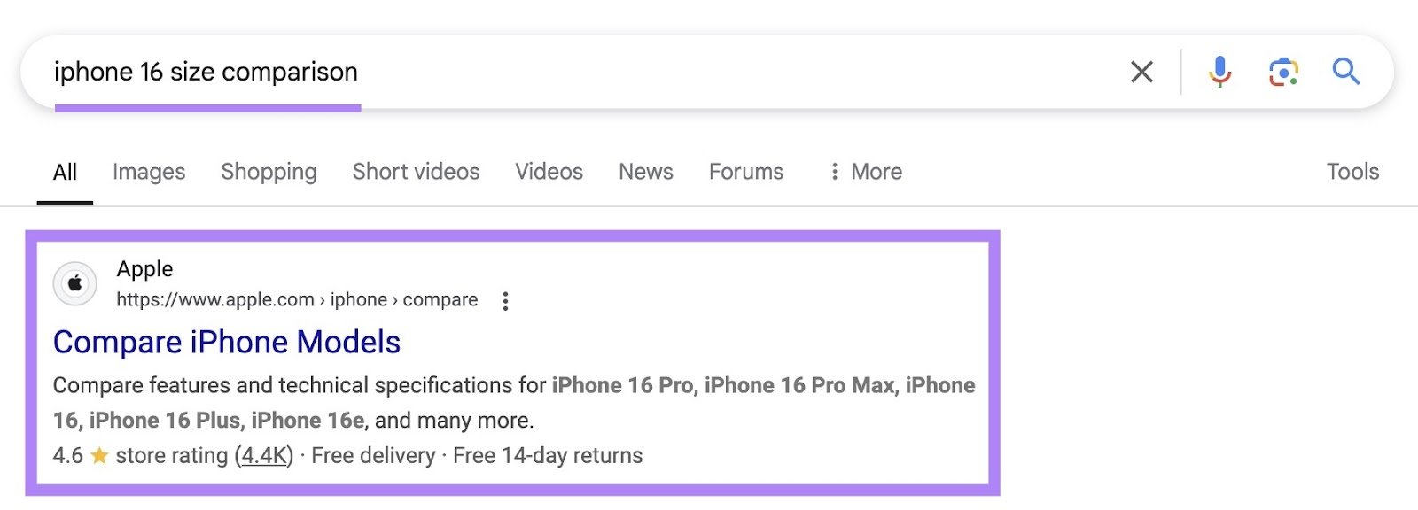 Google SERP with "iphone 16 size comparison" entered as the term and the top result from Apple highlighted.