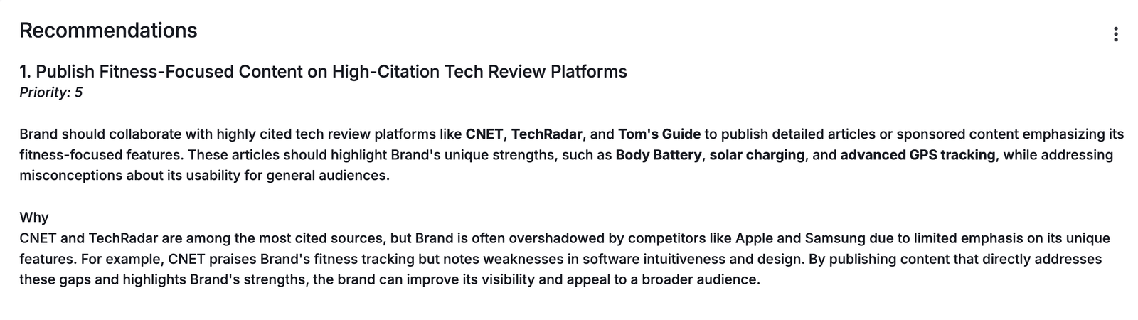 Semrush Enterprise AIO gives recommendations for increasing your brand's visibility across AI platforms such as publishing kinds of content on certain sites.
