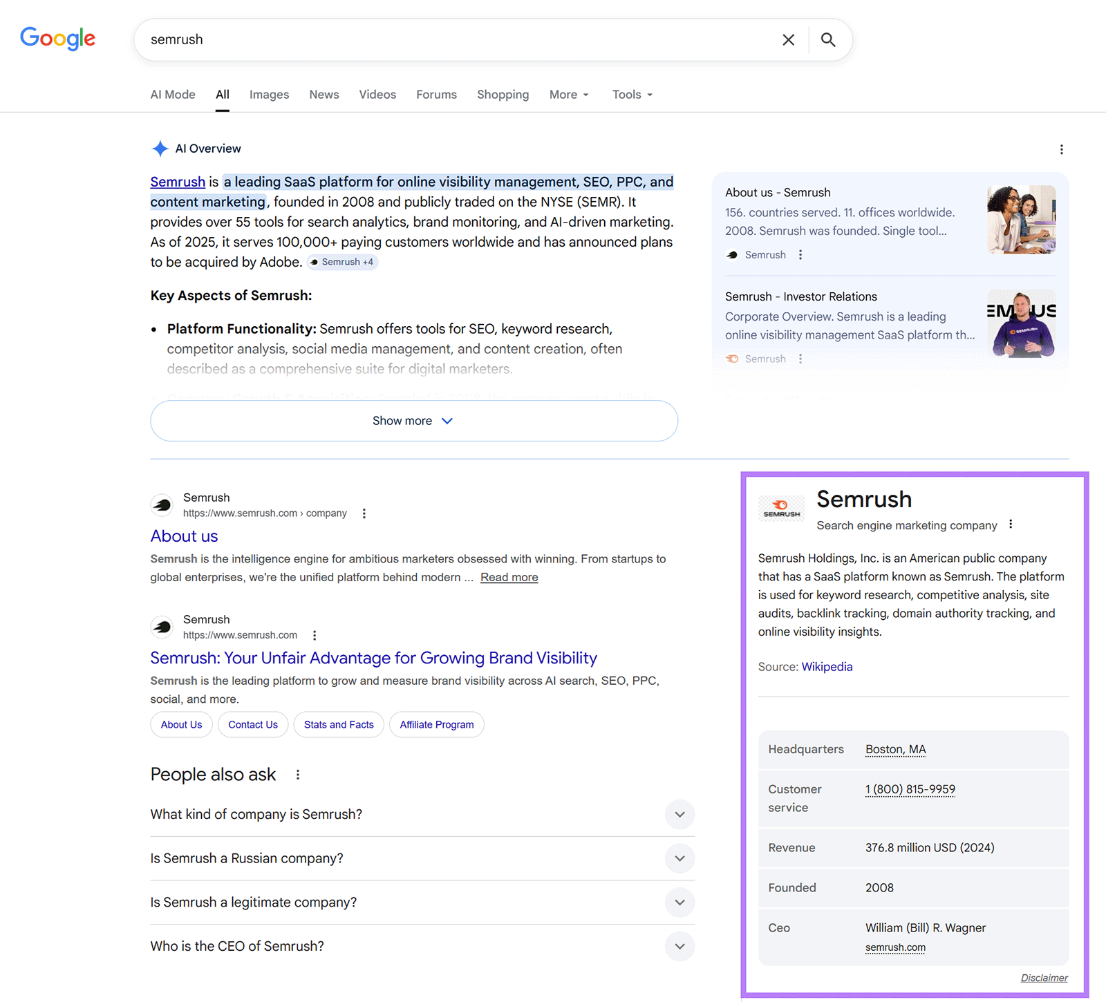 Google search for “semrush” showing AI Overview and Semrush knowledge panel with company details