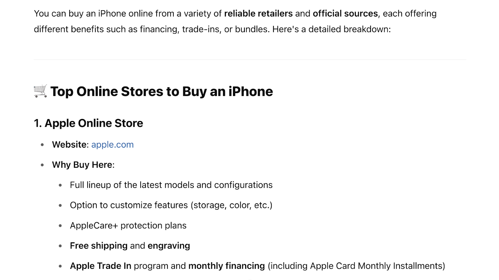 ChatGPT responds with their recommended retailers, including why to buy from that brand.