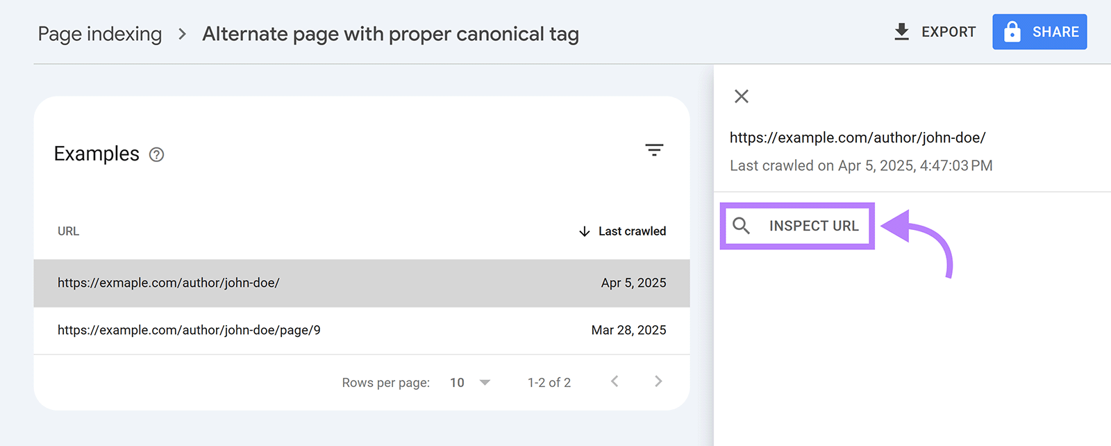 GSC example URLs list with Inspect URL button highlighted for canonical issue details