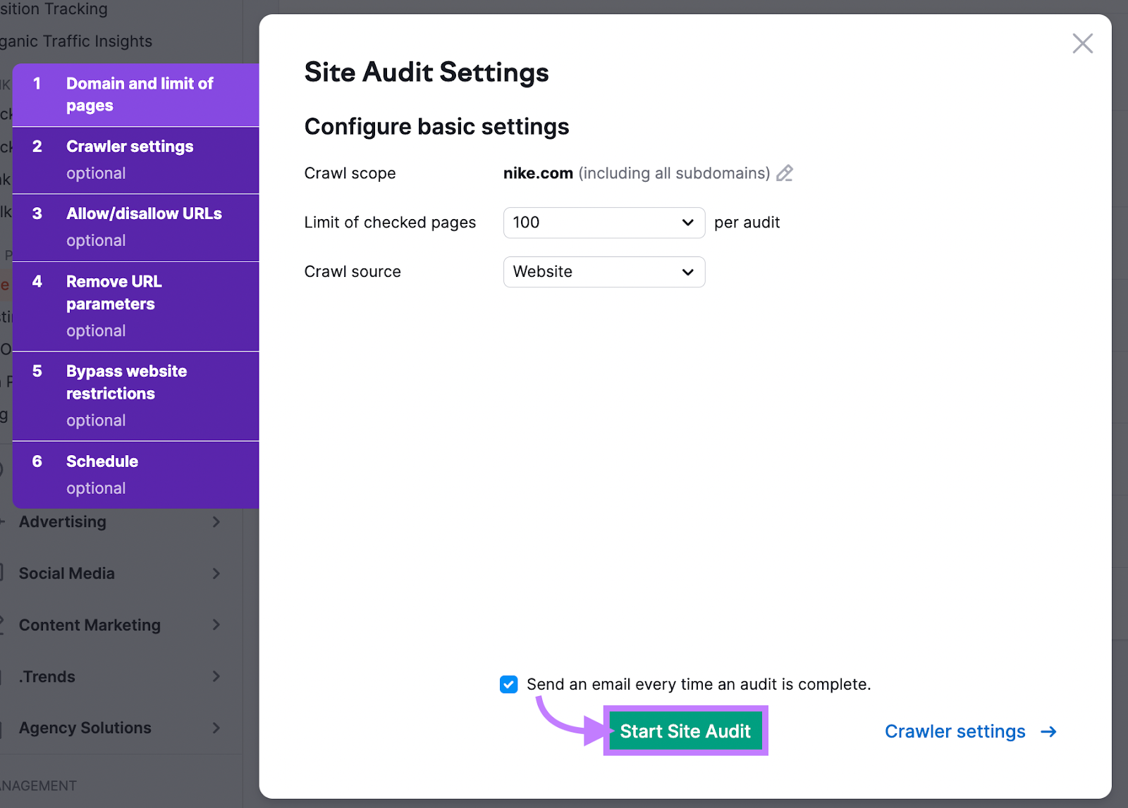 “Site Audit Settings” window