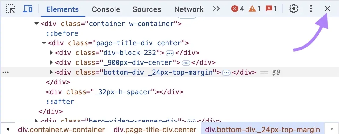 Chrome DevTools Elements panel with the close X icon highlighted in the top-right corner.