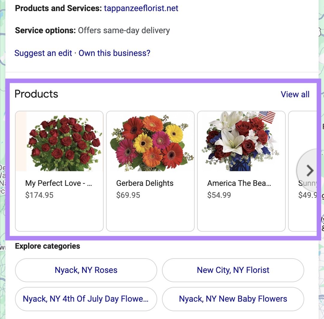 The "Products" section showing products along with their prices highlighted on a GBP listing.