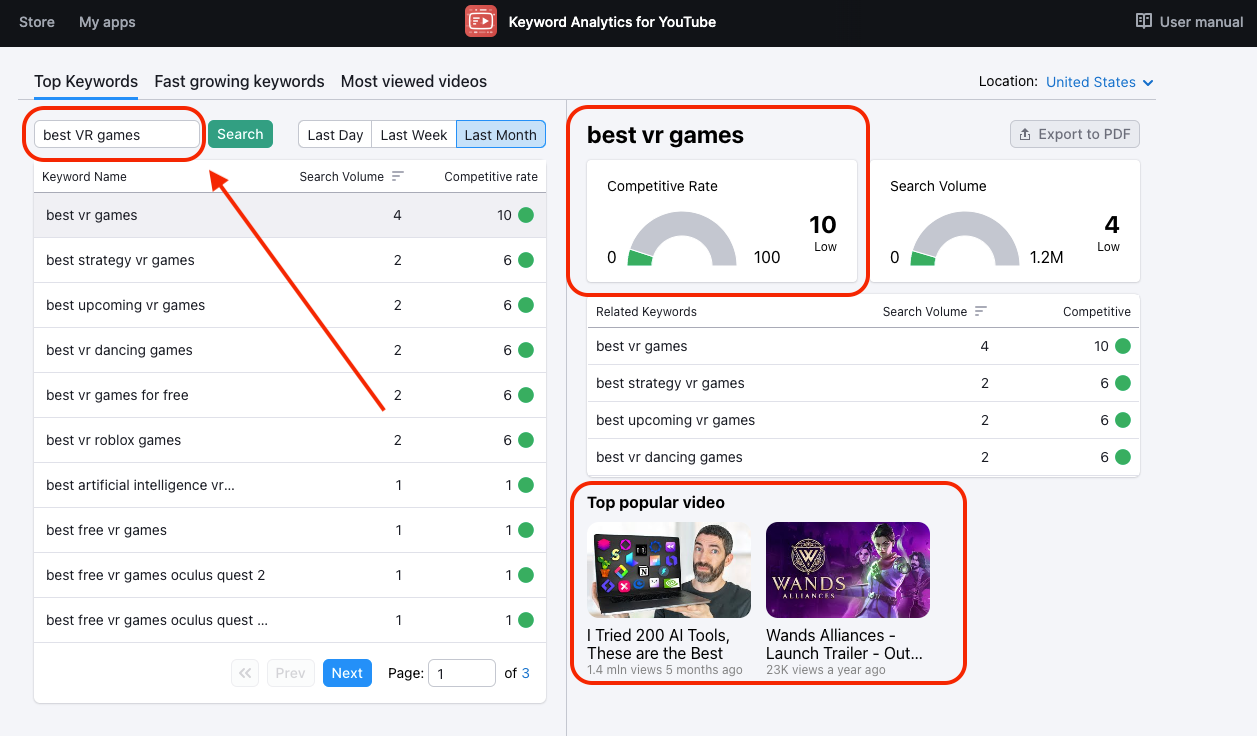Search results for top keywords for VR using Semrush's Keyword Analytics for YouTube app