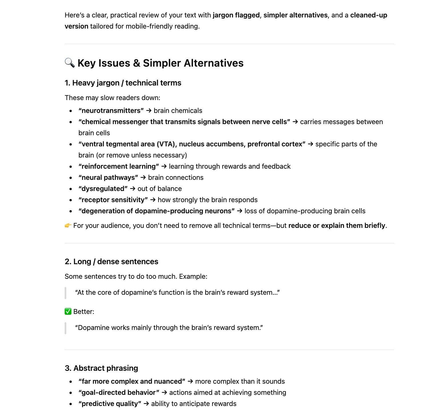 Readability improvement ideas for an article on ChatGPT like specific terms, sentences, and phrases to modify along with alternatives.
