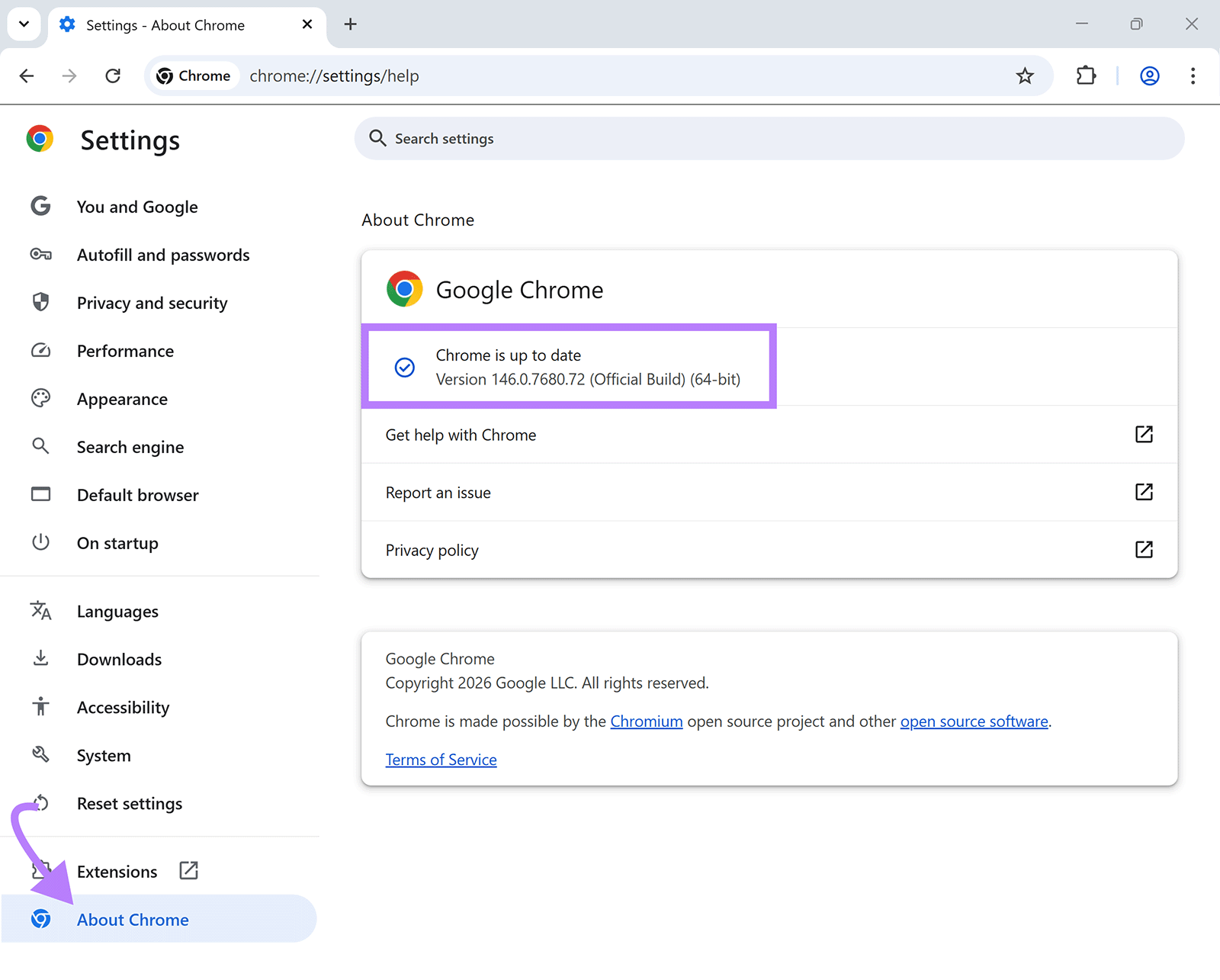 Chrome Settings “About Chrome” page showing current browser version 146.0.7680.72