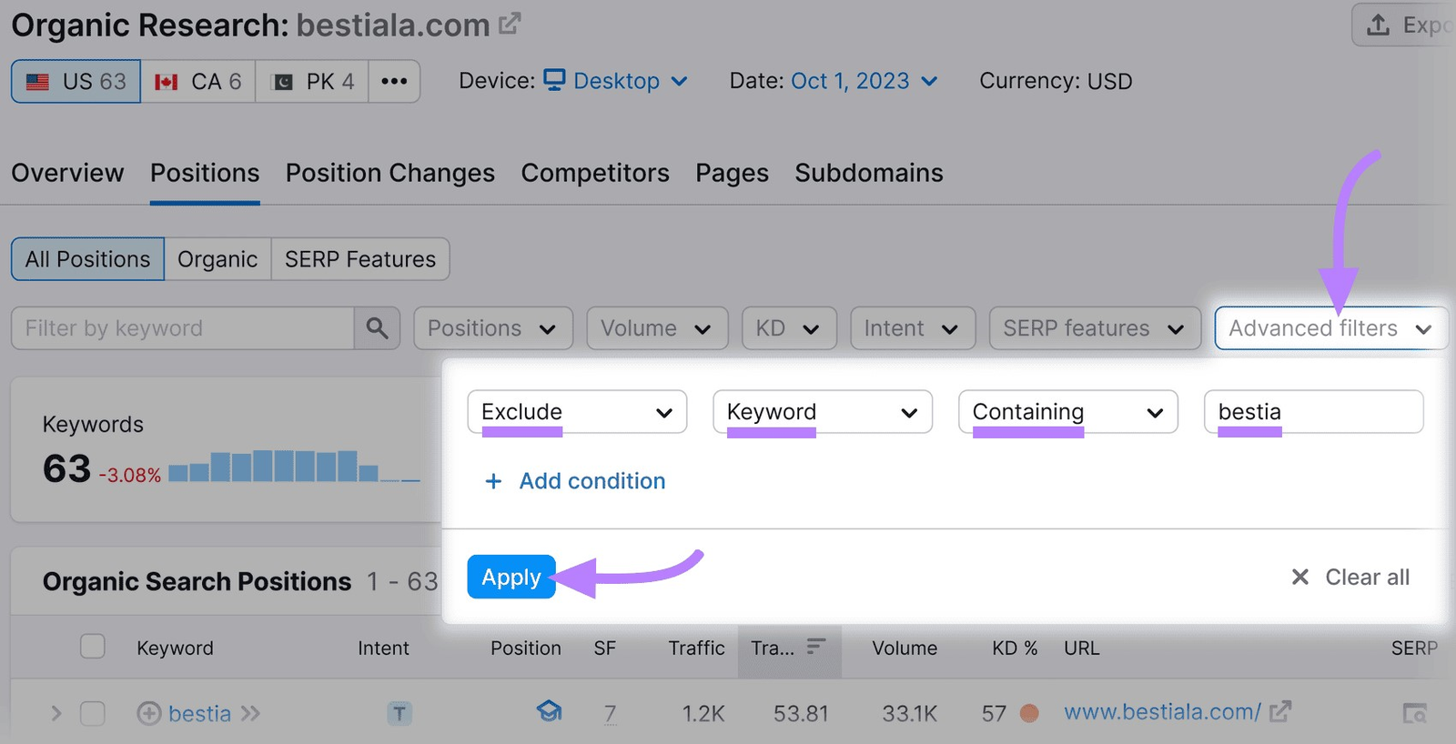 "Advanced filters" section of Organic Rankings tool