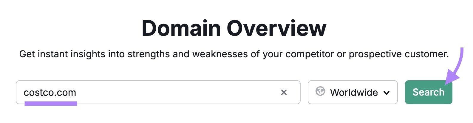 Domain Overview tool start with "costco.com" entered and "Search" clicked.
