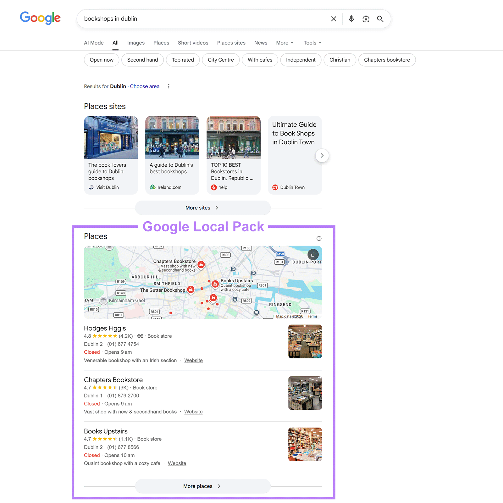 Local pack showing map and listings for bookshops in Dublin on a Google search results page.