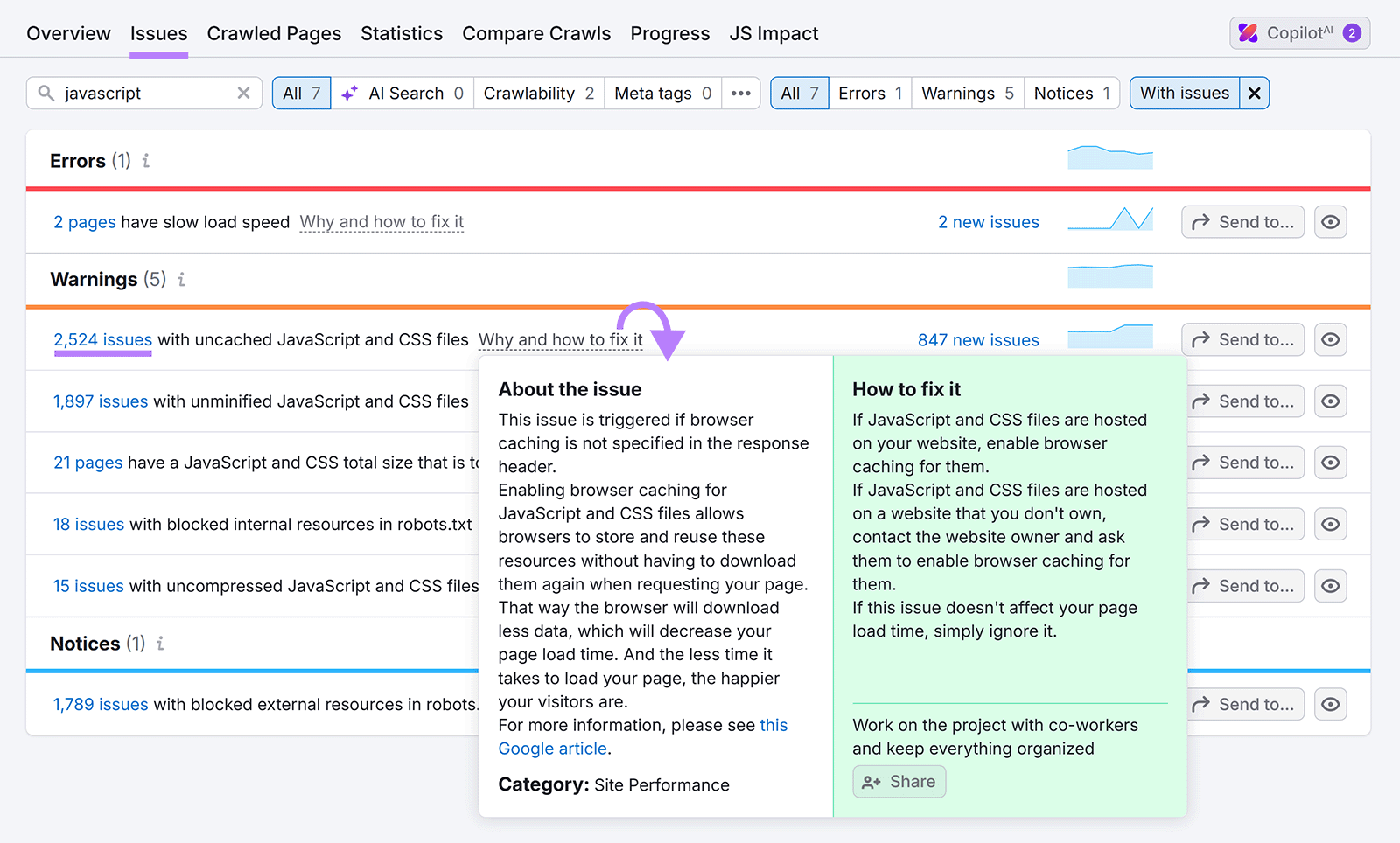 JavaScript issues report highlighting uncached JS and CSS files with explanation and fix steps.