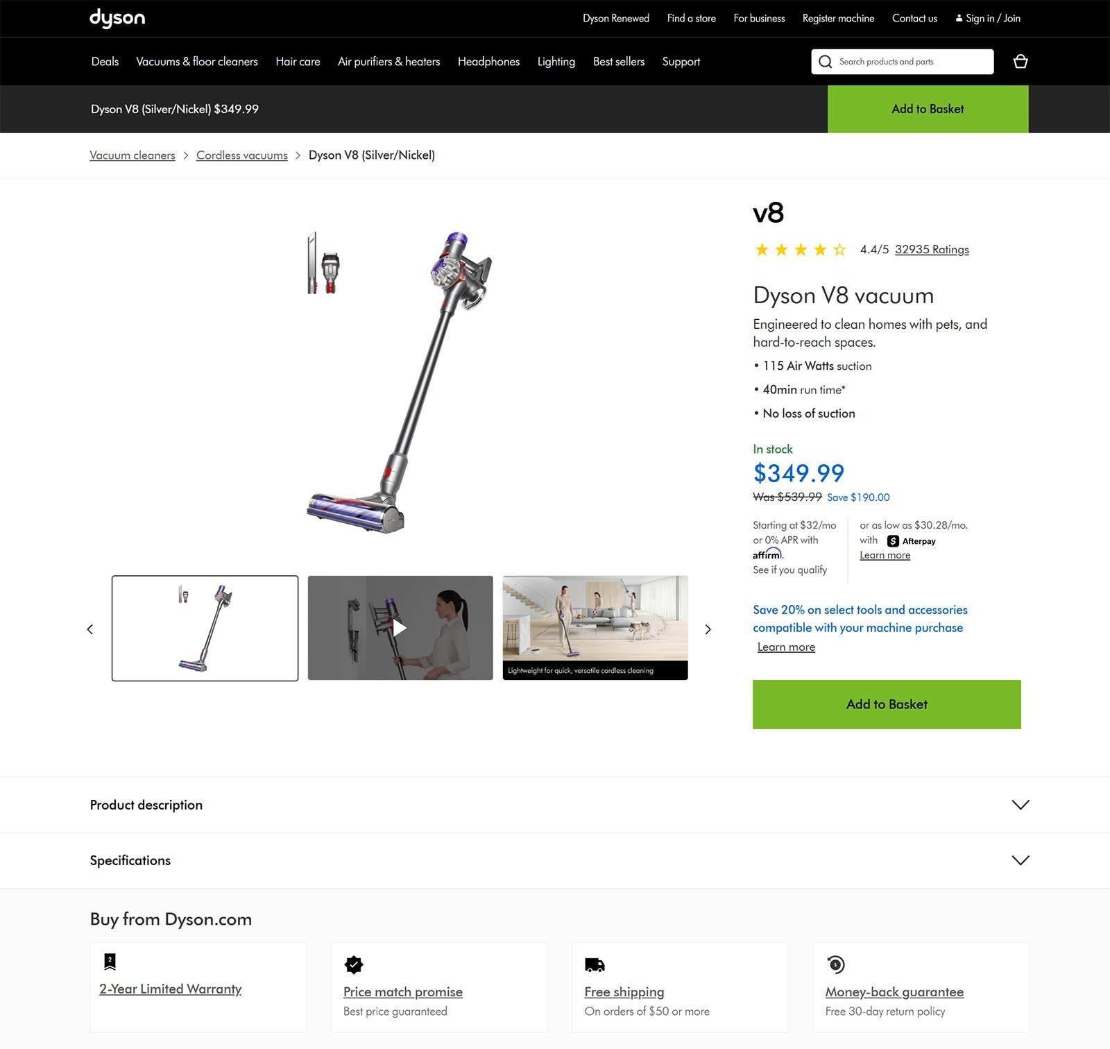 Dyson V8 cordless vacuum product page with price, ratings, financing info, and Add to Basket