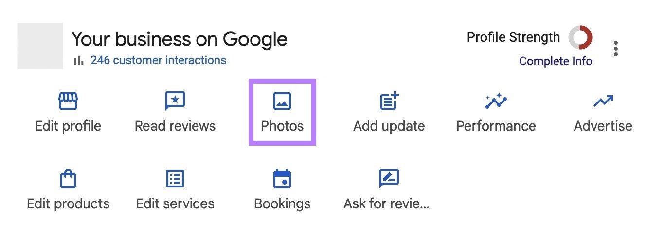 The "Photos" button highlighted on the Google Business Profile dashboard.