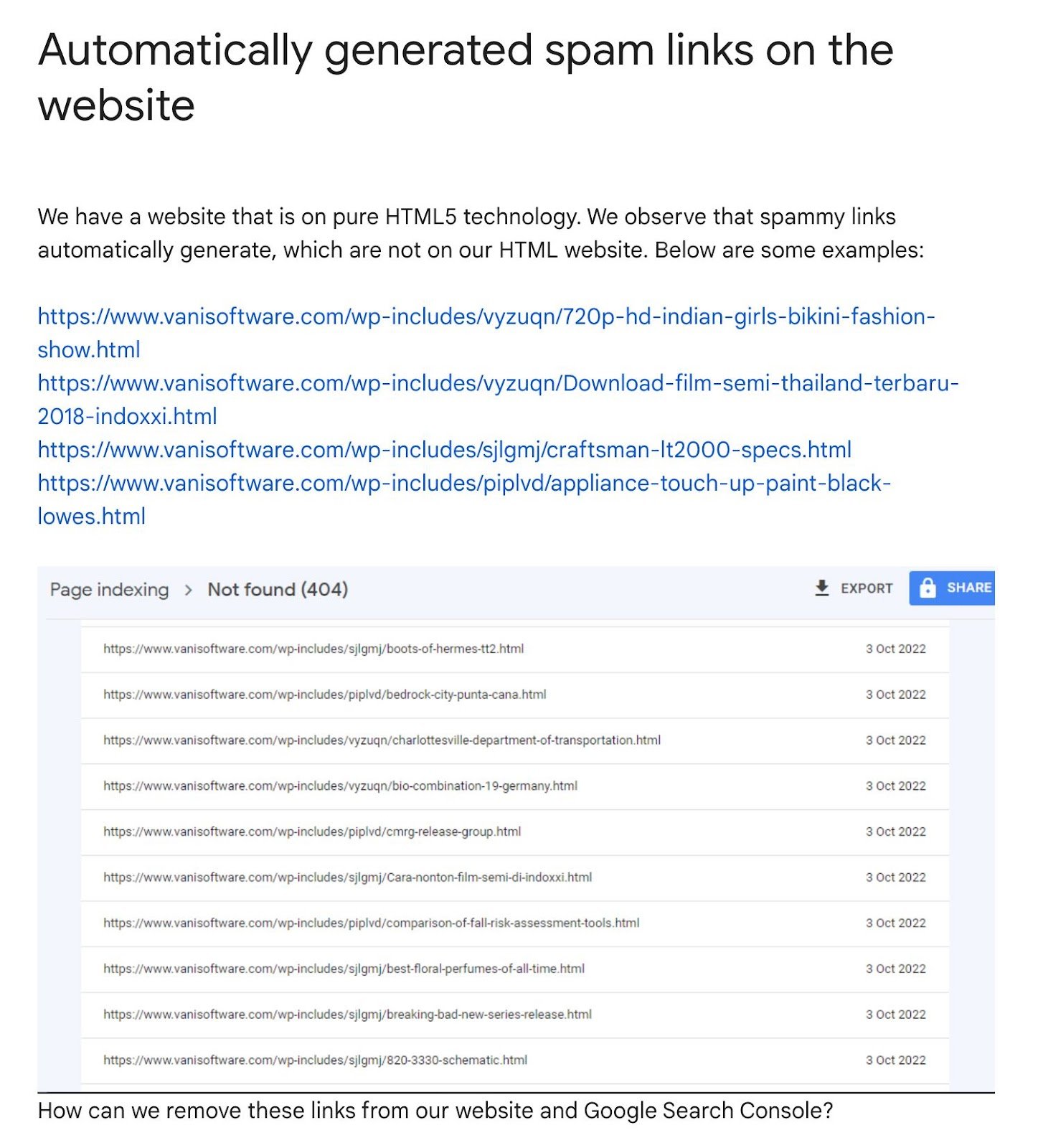 Search Console Help on how to remove harmful auto-generated links
