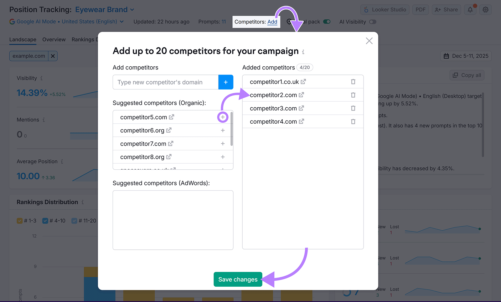 Position Tracking modal showing how to add competitor domains to a position tracking campaign.