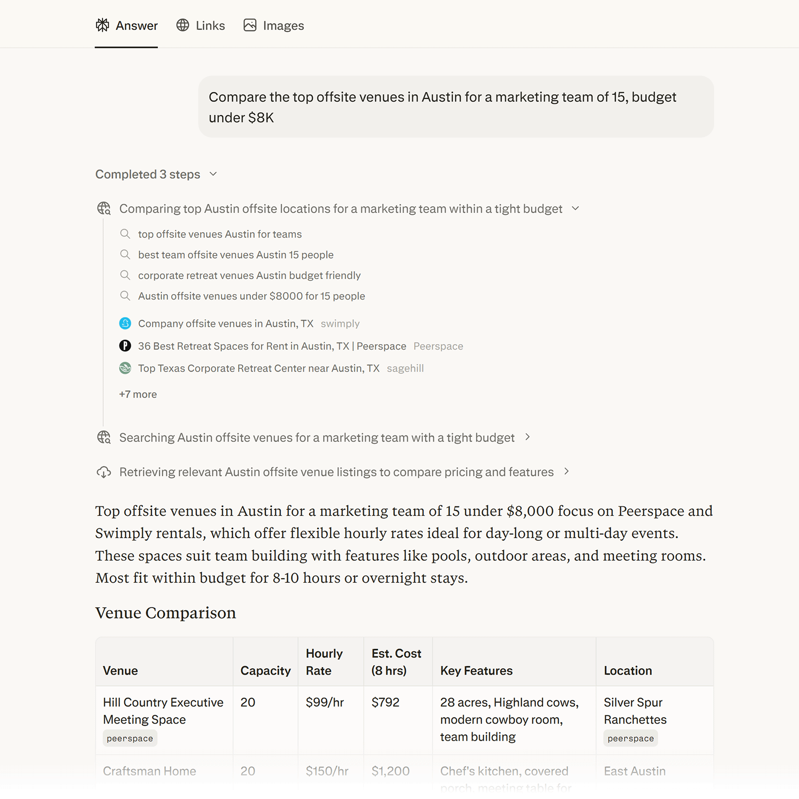 Perplexity shows its multi-step reasoning transparently searching venue databases, reading reviews, cross-referencing pricing, and ranking options by fit.