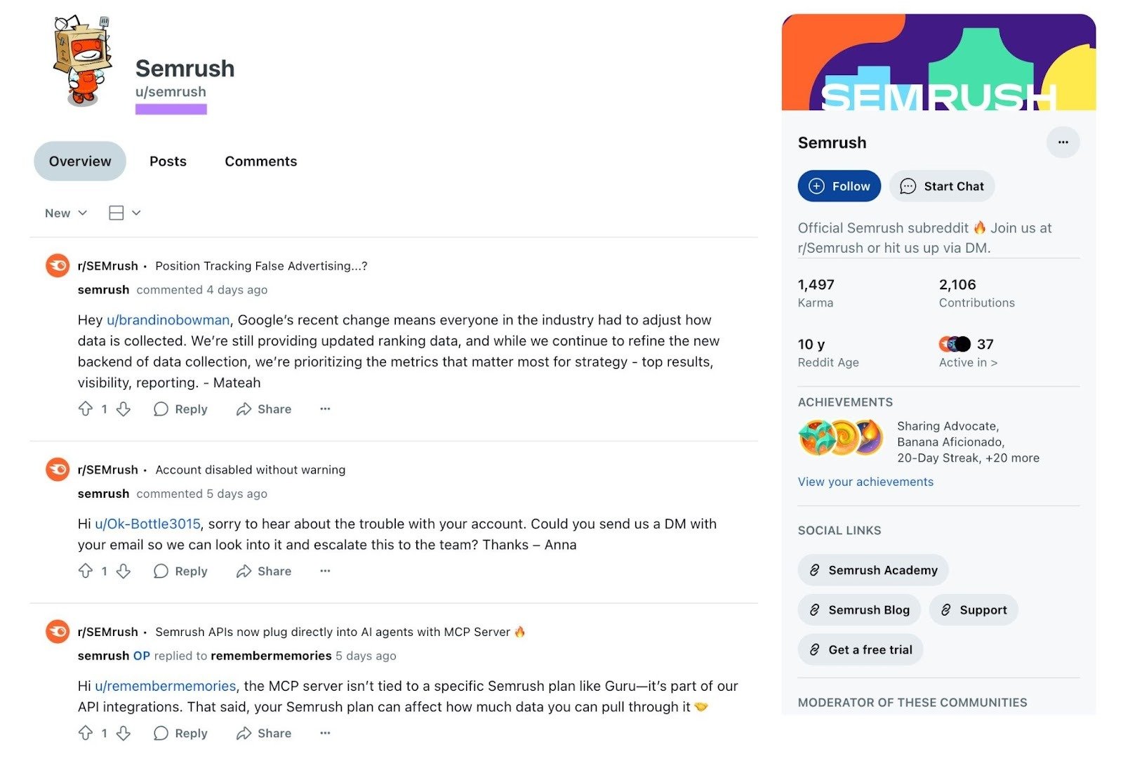Reddit profile of the brand Semrush operating under the username "u/semrush".